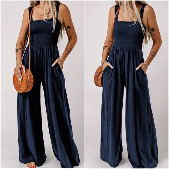 020 Boho Smocked Bodice Wide Leg Cami Jumpsuit - Picture 6 of 6